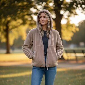 Staccato Taupe Sherpa Half-Zip Hooded Pullover Jacket